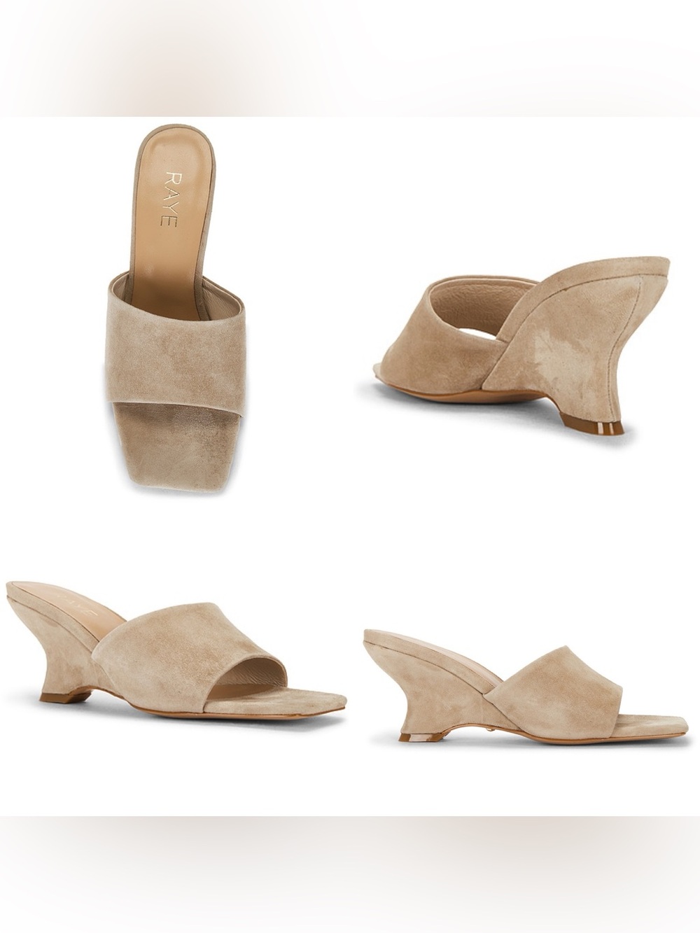 RAYE Taupe Suede Sculpted Kitten Heel Mules Madalena Wedge in Tan